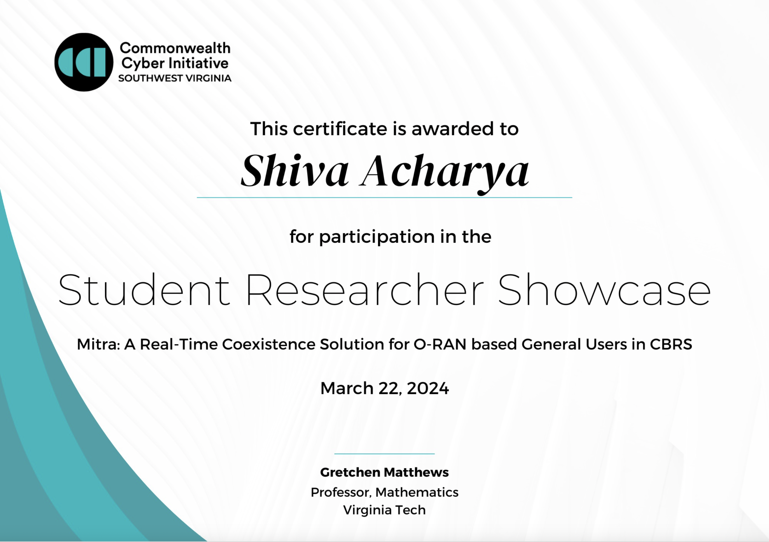 Certificate of Participation - CCI Student Researcher Showcase